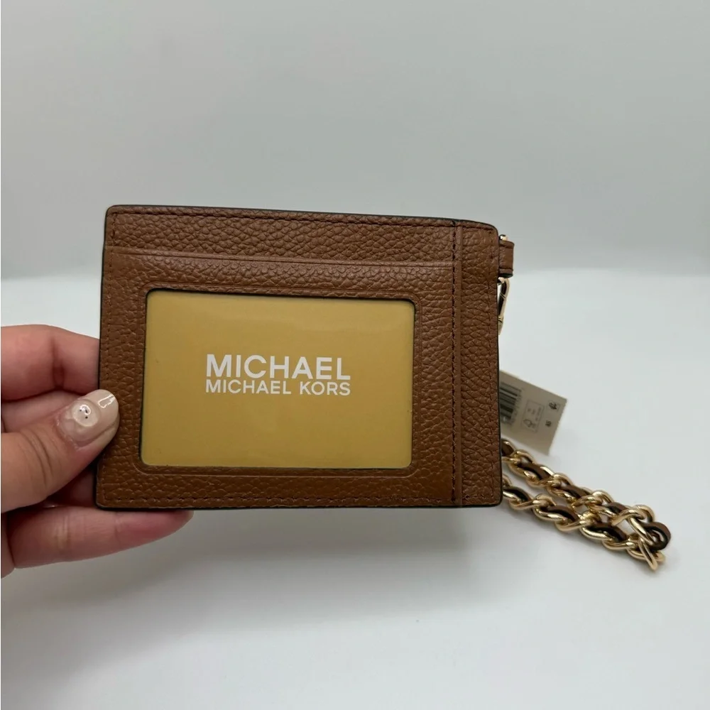 NWT Michael Kors Jet Set Charm Small ID Chain Card Holder Camel Pebbled Leather